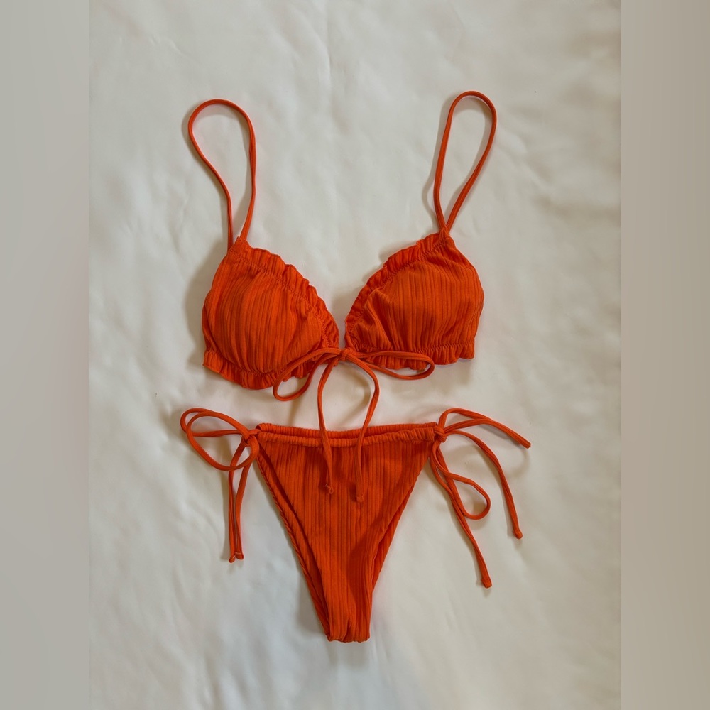 Lilosy Ribbed Padded String Thong Brazilian Side Tie Orange Bikini Small Ruffled